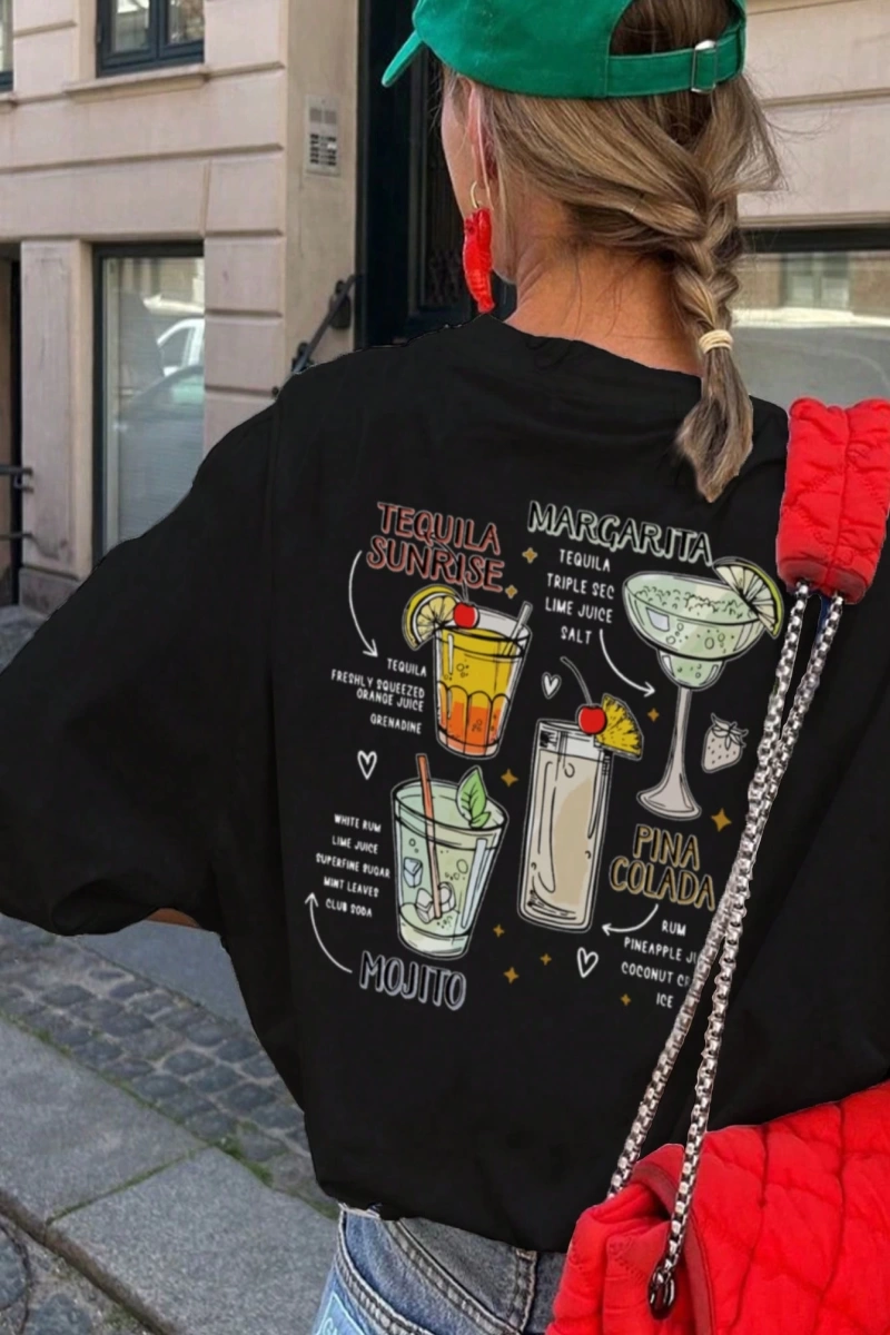 Kadın Kokteyl Slogan Baskılı Yuvarlak Yaka Kısa Kollu Günlük Tişört, İlkbahar/Yaz İçin Çok Yö