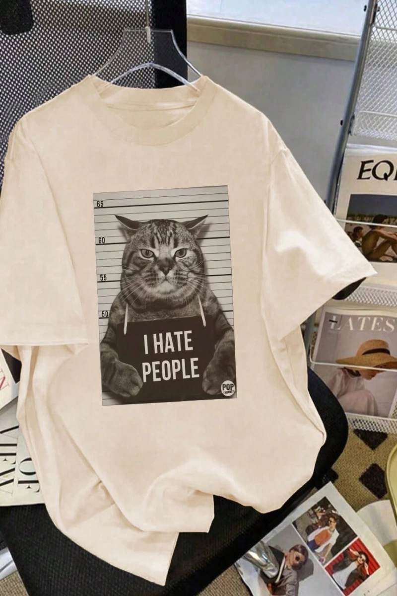 Kadın Komik Kedi Mektup Baskılı Yuvarlak Yaka Kısa Kollu Basit Günlük Tişört