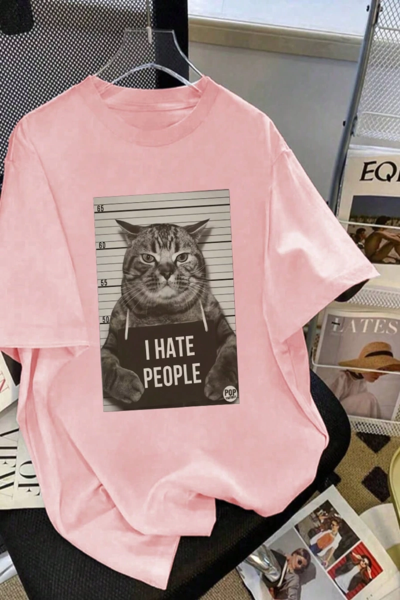 Kadın Komik Kedi Mektup Baskılı Yuvarlak Yaka Kısa Kollu Basit Günlük Tişört