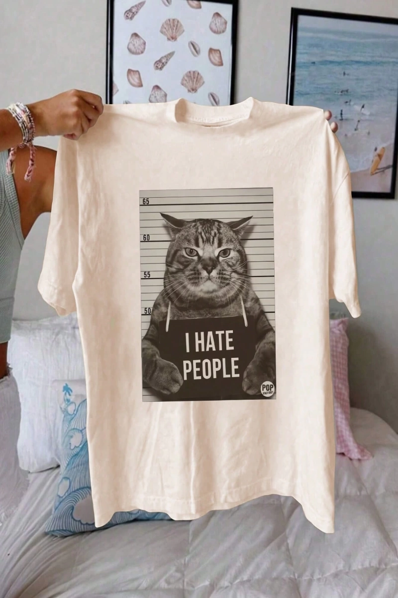 Kadın Komik Kedi Mektup Baskılı Yuvarlak Yaka Kısa Kollu Basit Günlük Tişört