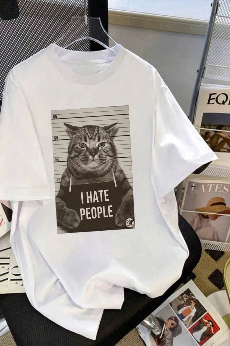 Kadın Komik Kedi Mektup Baskılı Yuvarlak Yaka Kısa Kollu Basit Günlük Tişört