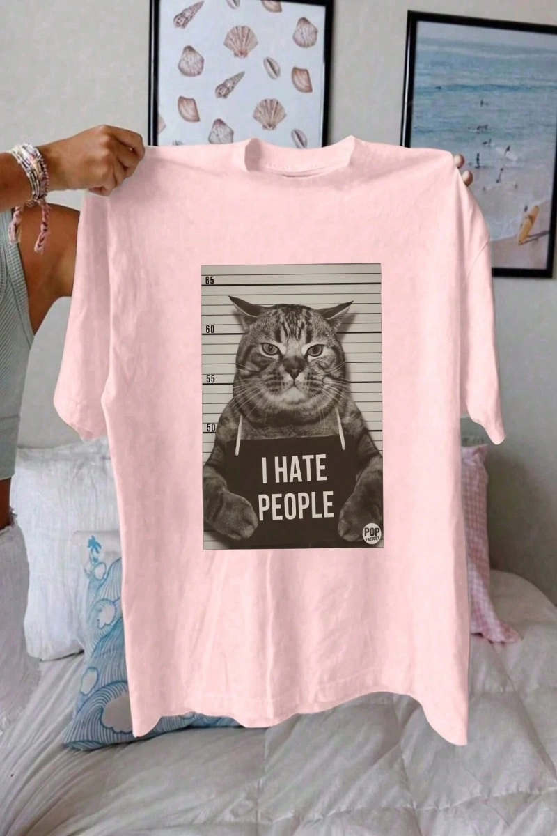 Kadın Komik Kedi Mektup Baskılı Yuvarlak Yaka Kısa Kollu Basit Günlük Tişört