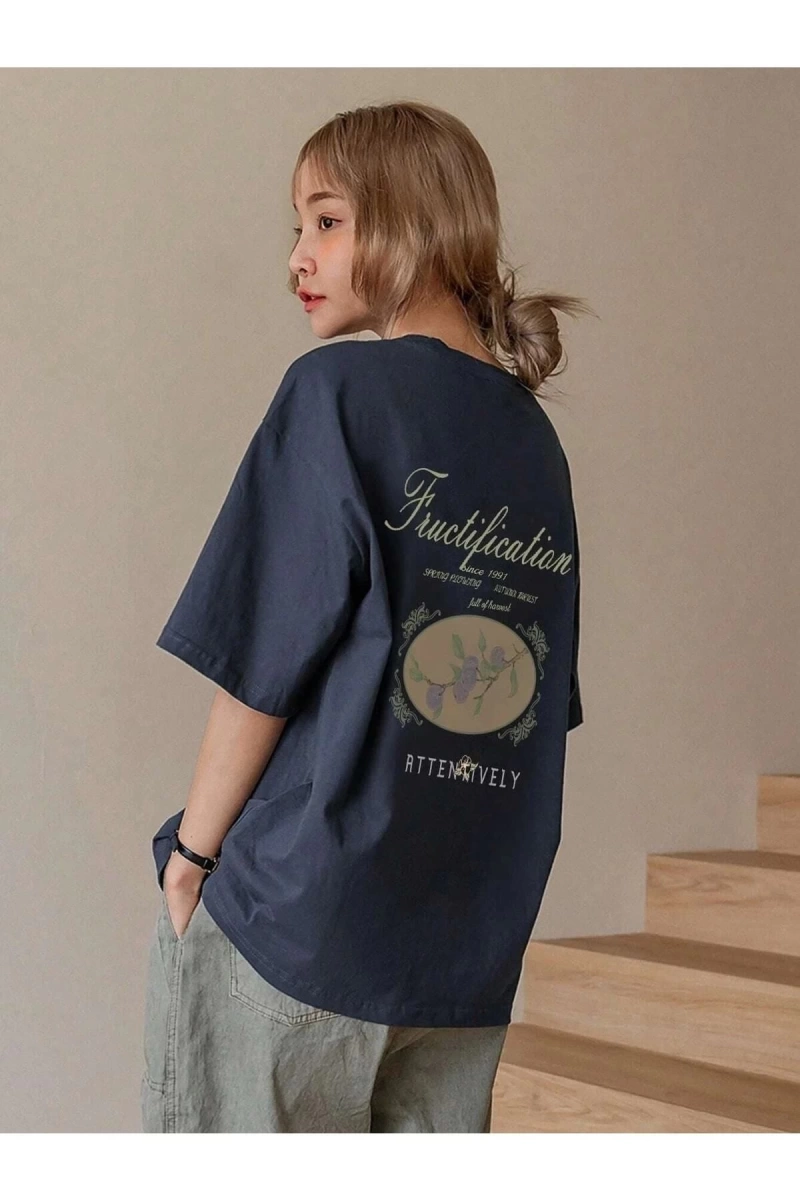 Kadın Lacivert Fructification Baskılı Oversize T-shirt