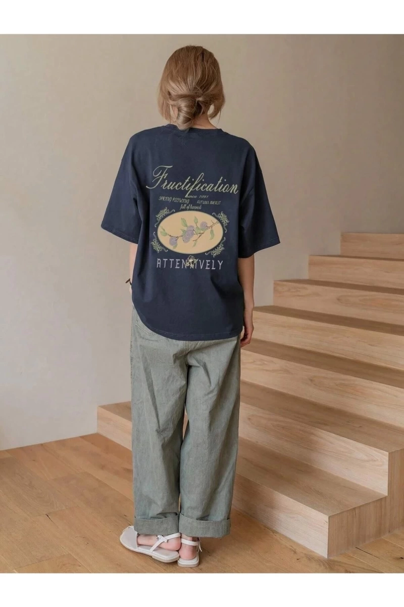 Kadın Lacivert Fructification Baskılı Oversize T-shirt