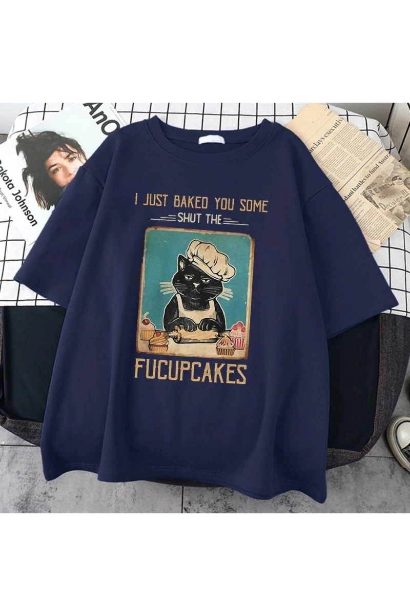 Kadın Lacivert Fucupcakes Baskılı Oversize Bisiklet Yaka Tshirt
