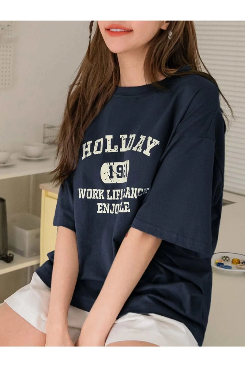 Kadın Lacivert Holıday Baskılı Bisiklet Yaka Tshirt