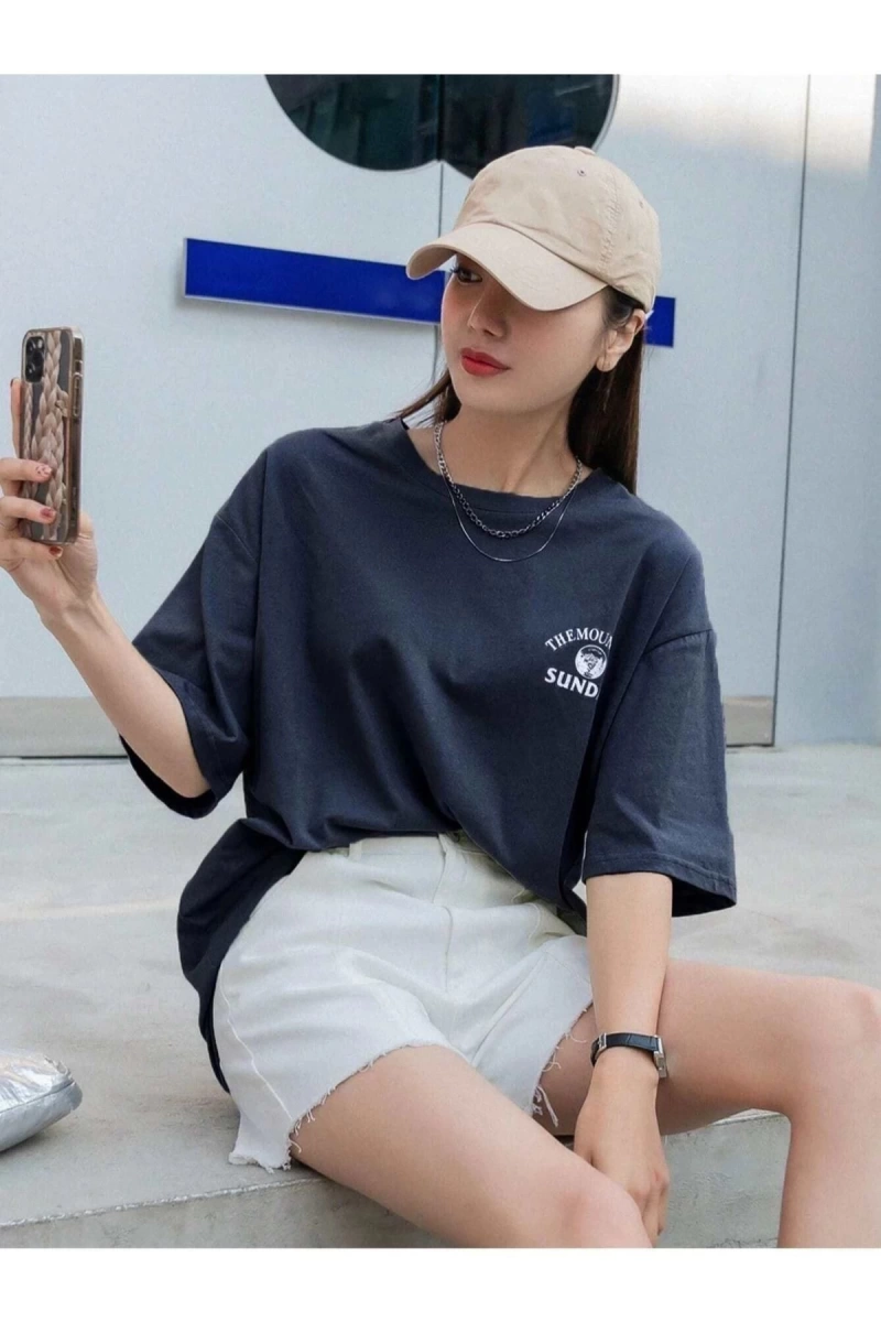 Kadın Lacivert Mountaın Oversize Bisiklet Yaka Tshirt