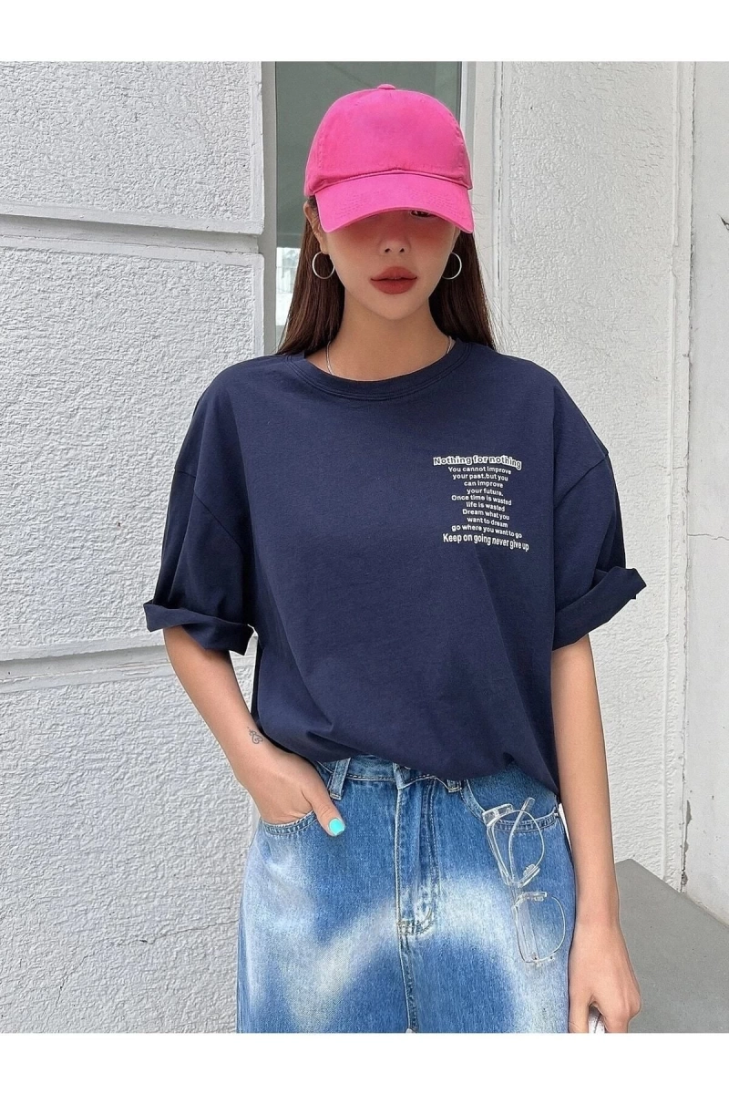 Kadın Lacivert Nothing For Nothing Baskılı Oversize T-shirt