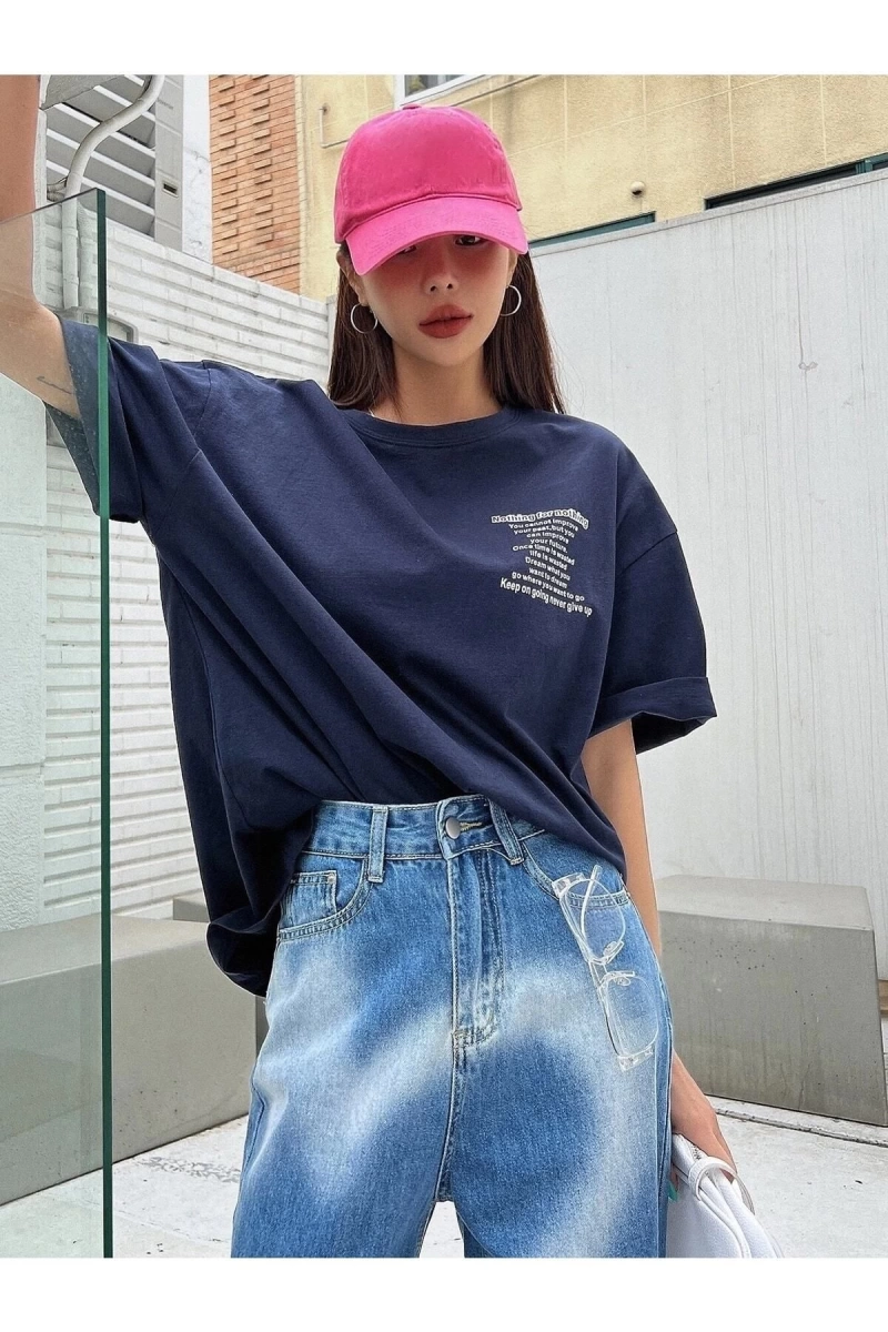 Kadın Lacivert Nothing For Nothing Baskılı Oversize T-shirt
