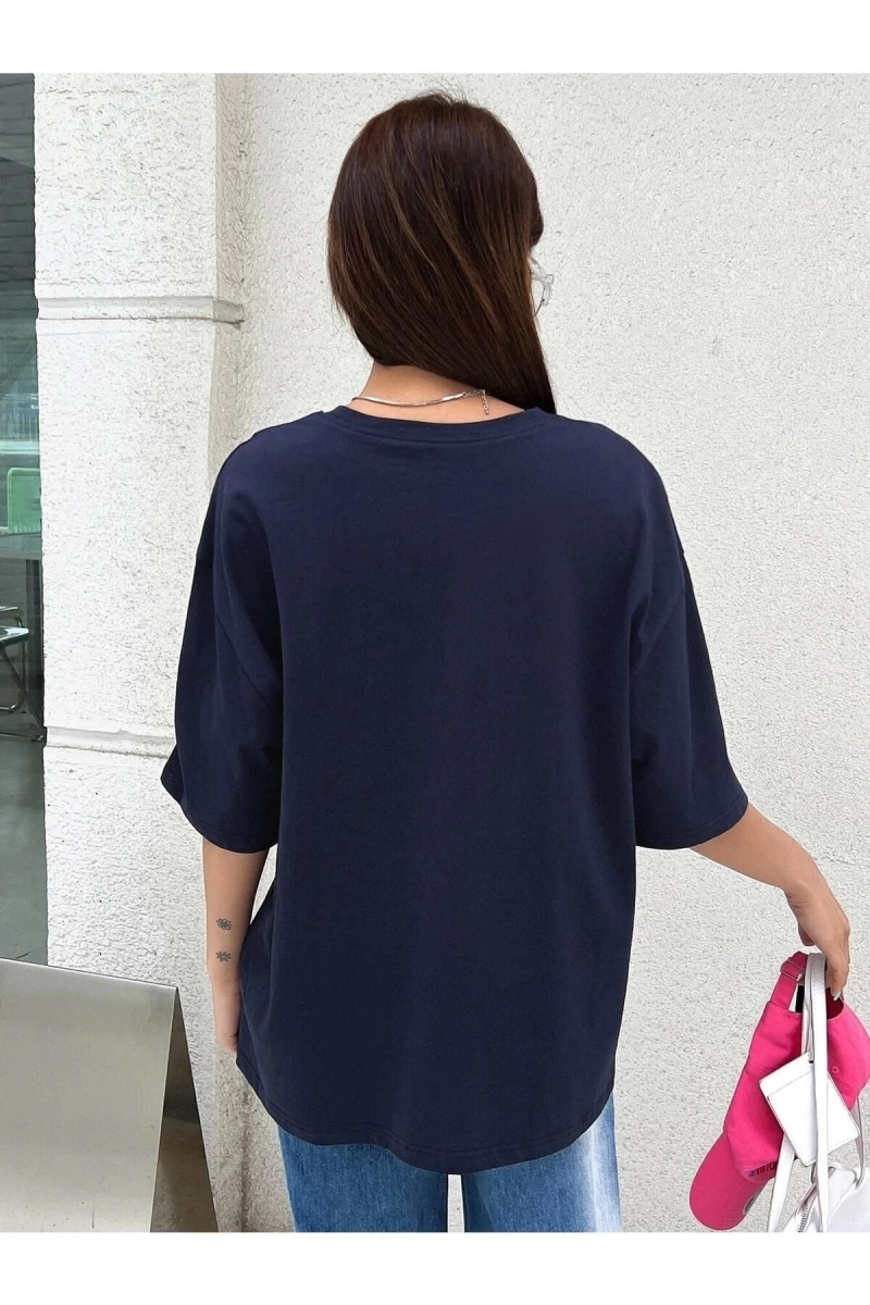 Kadın Lacivert Nothing For Nothing Baskılı Oversize T-shirt