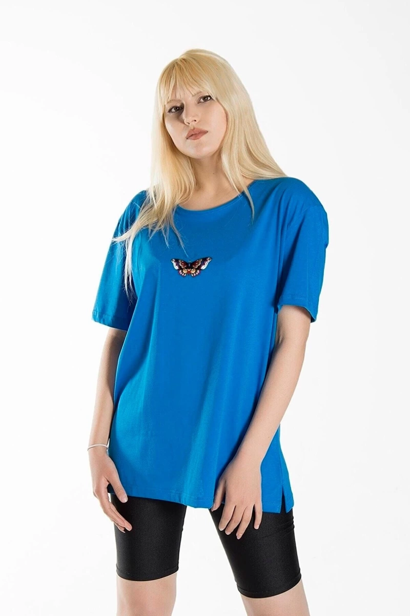 Kadın Mavi Önü Kelebek Baskılı Bisiklet Yaka Oversize Pamuklu T-shirt
