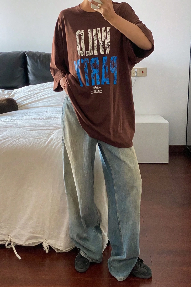 Kadın Mektup Baskılı Bol Kısa Kollu Tişört, Basit Günlük Moda