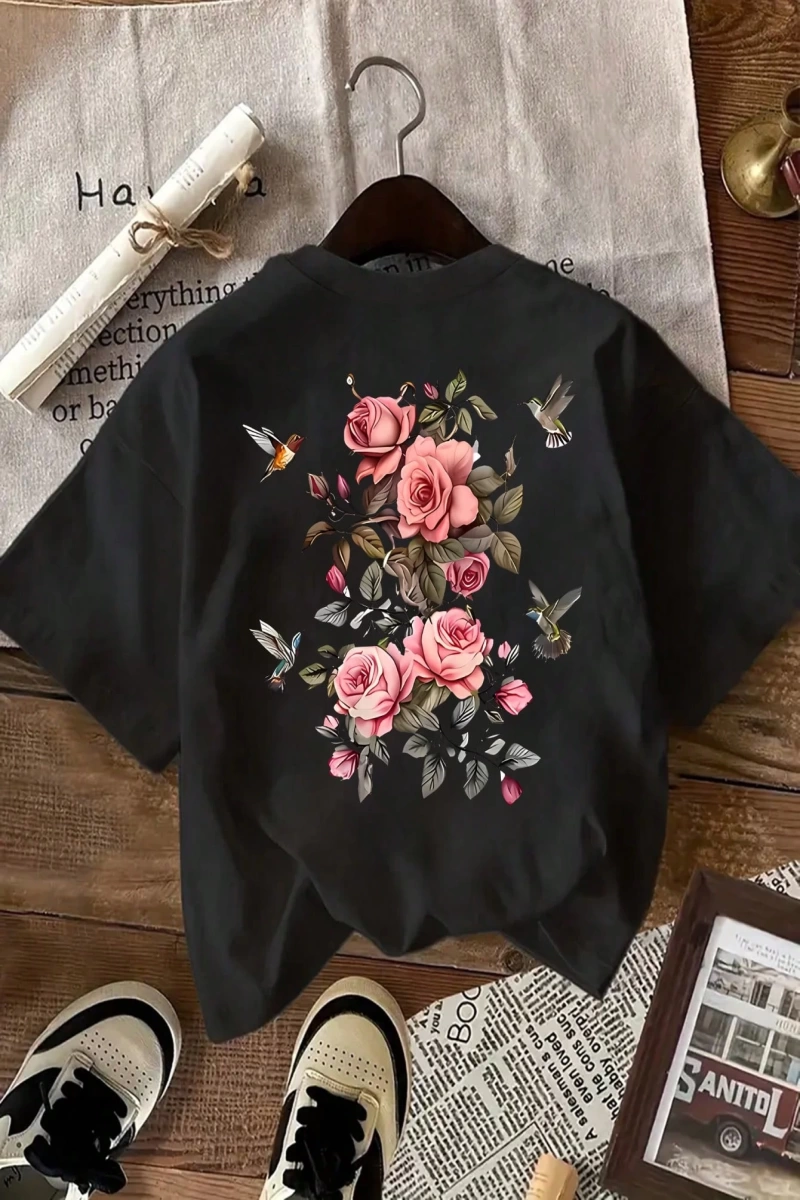 Kadın Mektup Baskılı Bol Kısa Kollu Tişört, Basit Günlük Moda