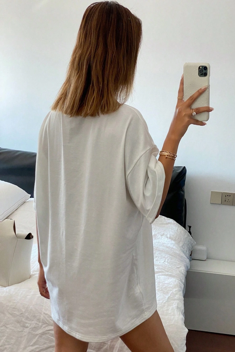 Kadın Mektup Baskılı Bol Kısa Kollu Tişört, Basit Günlük Moda