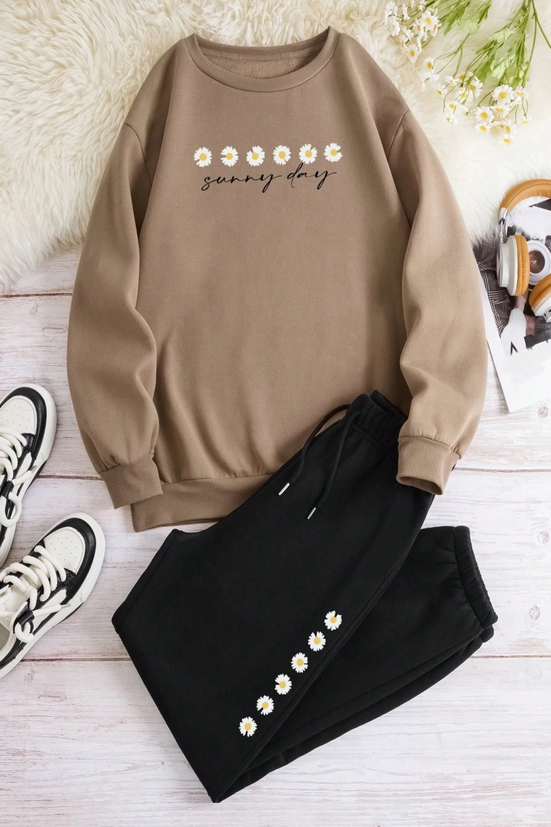 Kadın Mektup Baskılı Düşük Omuz Sweatshirt Ve Bağcıklı Bel Pantolon Takımı