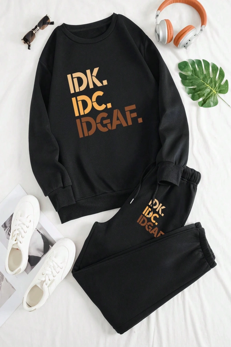 Kadın Mektup Baskılı Düşük Omuz Sweatshirt Ve Bağcıklı Bel Pantolon Takımı