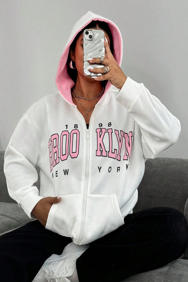 Kadın Mektup Baskılı Uzun Kollu Fermuarlı Günlük Kapşonlu Sweatshirt, Sonb Model 5178
