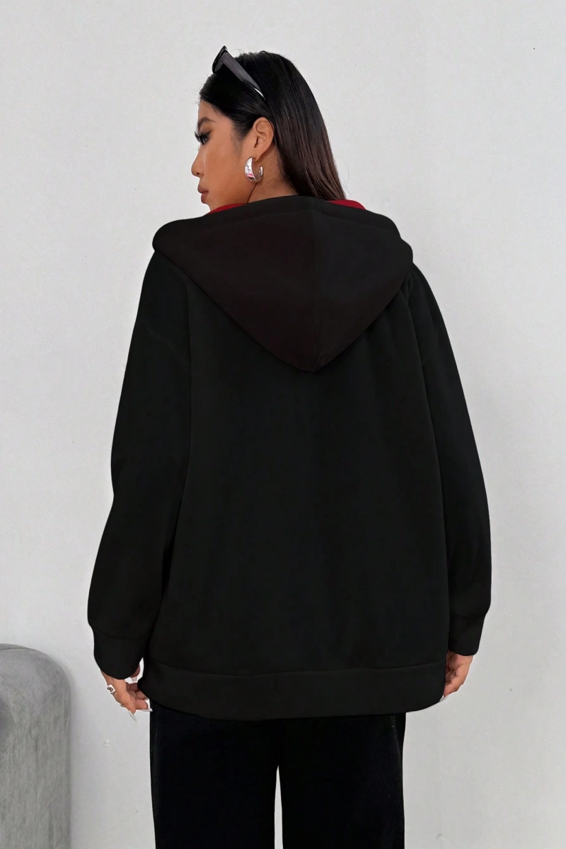 Kadın Mektup Baskılı Uzun Kollu Fermuarlı Günlük Kapşonlu Sweatshirt, Sonb Model 5178