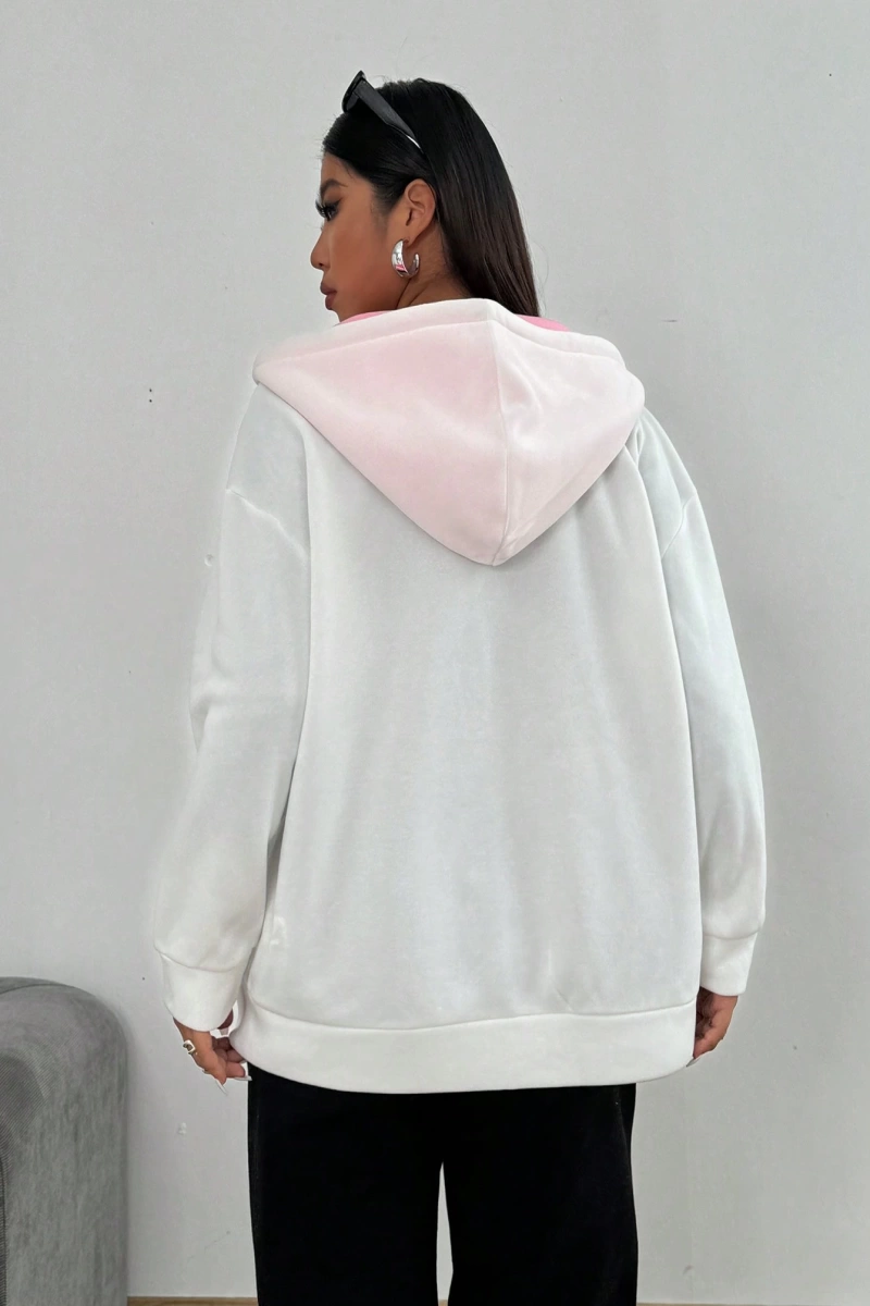 Kadın Mektup Baskılı Uzun Kollu Fermuarlı Günlük Kapşonlu Sweatshirt, Sonb Model 5178