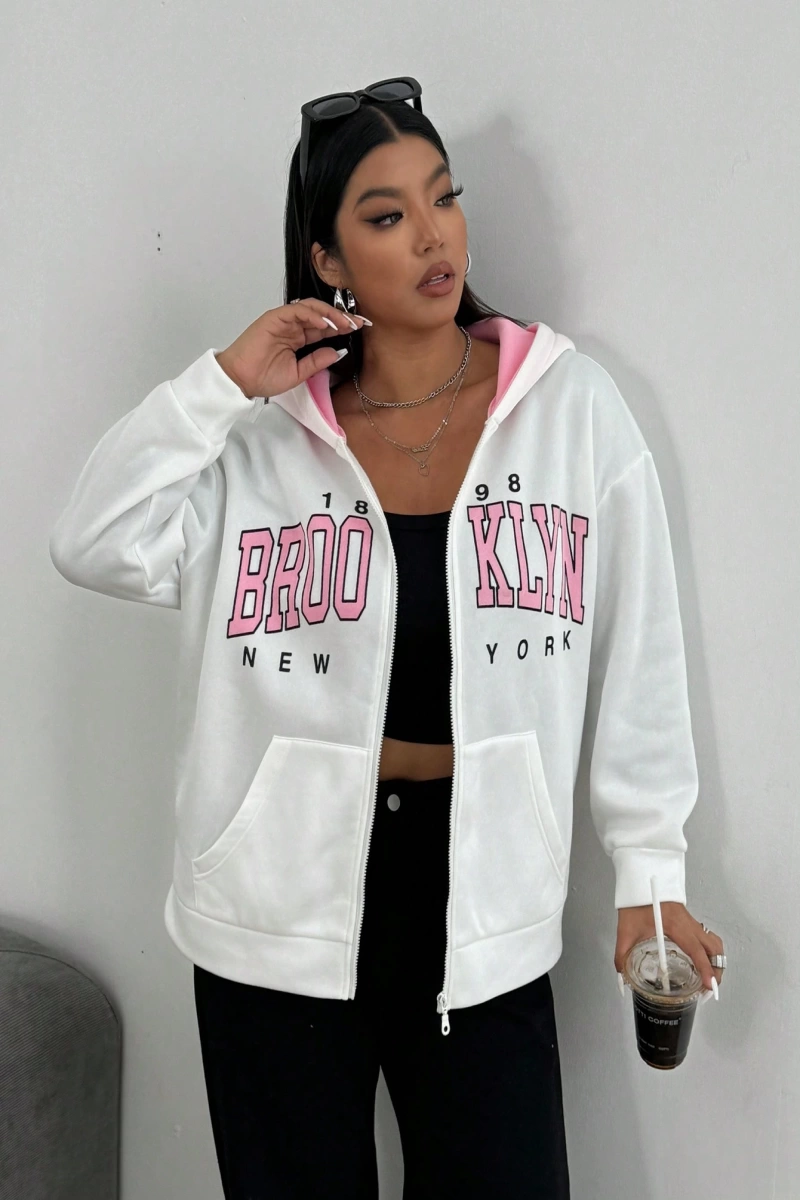 Kadın Mektup Baskılı Uzun Kollu Fermuarlı Günlük Kapşonlu Sweatshirt, Sonb Model 5178