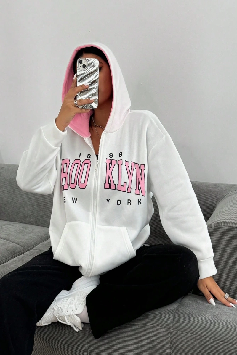 Kadın Mektup Baskılı Uzun Kollu Fermuarlı Günlük Kapşonlu Sweatshirt, Sonb Model 5178