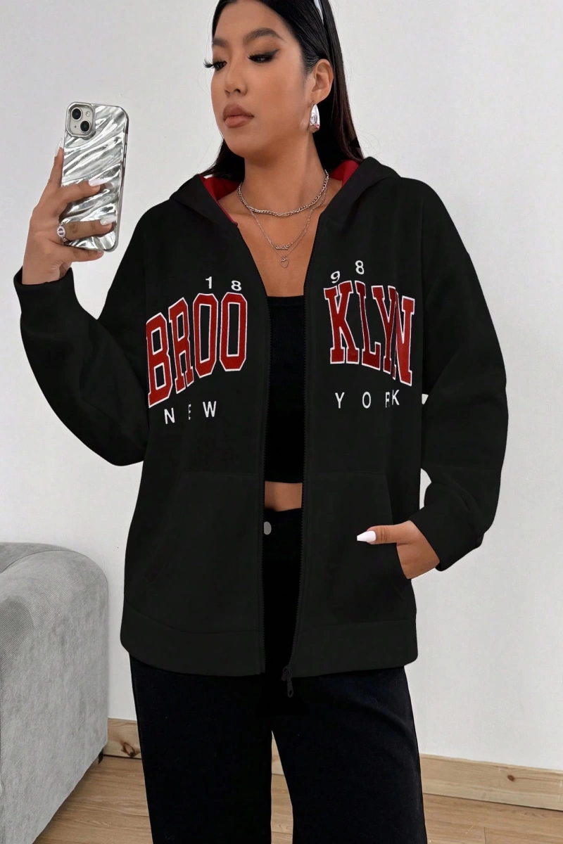 Kadın Mektup Baskılı Uzun Kollu Fermuarlı Günlük Kapşonlu Sweatshirt, Sonb Model 5178