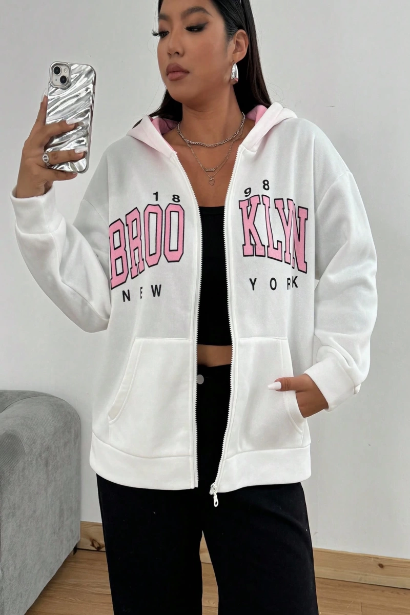 Kadın Mektup Baskılı Uzun Kollu Fermuarlı Günlük Kapşonlu Sweatshirt, Sonb Model 5178