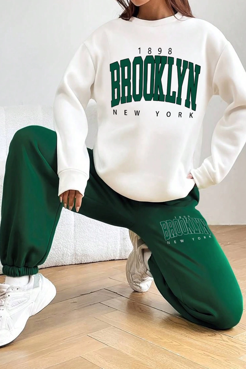 Kadın Mektup Baskılı Yuvarlak Yaka Sweatshirt Ve Eşofman Altı Takımı