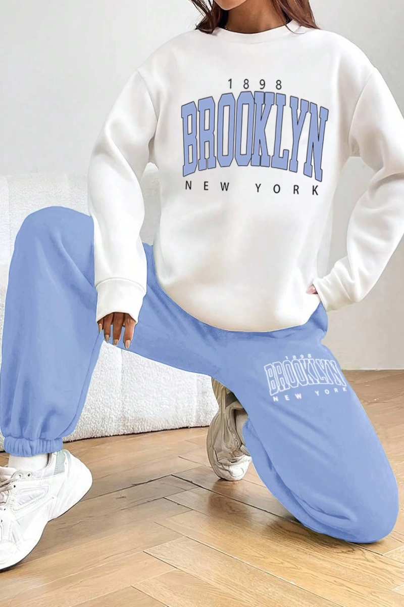 Kadın Mektup Baskılı Yuvarlak Yaka Sweatshirt Ve Eşofman Altı Takımı