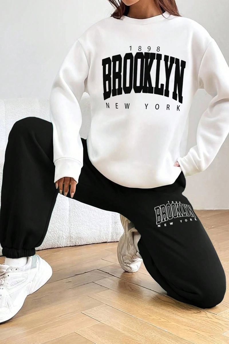 Kadın Mektup Baskılı Yuvarlak Yaka Sweatshirt Ve Eşofman Altı Takımı