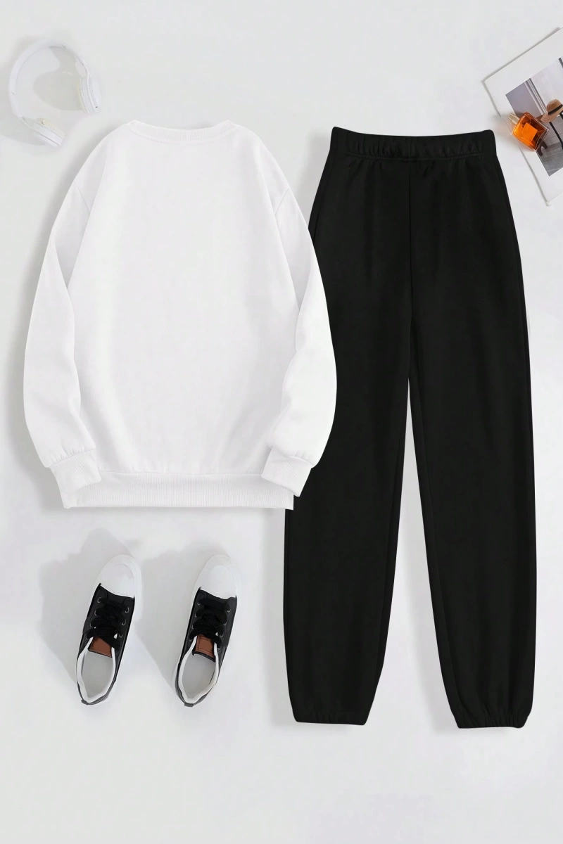 Kadın Mektup Baskılı Yuvarlak Yaka Sweatshirt Ve Eşofman Altı Takımı