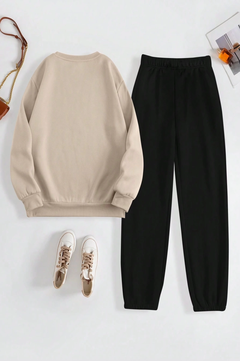 Kadın Mektup Baskılı Yuvarlak Yaka Sweatshirt Ve Eşofman Altı Takımı
