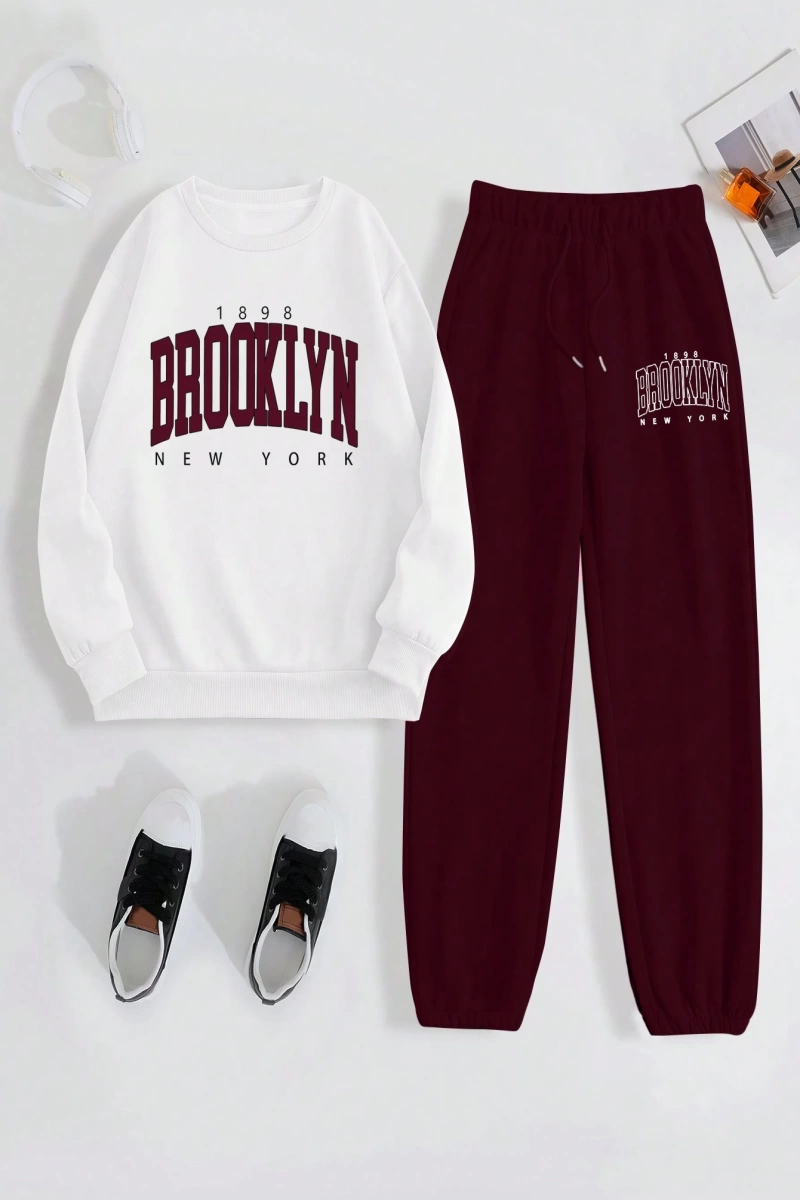 Kadın Mektup Baskılı Yuvarlak Yaka Sweatshirt Ve Eşofman Altı Takımı