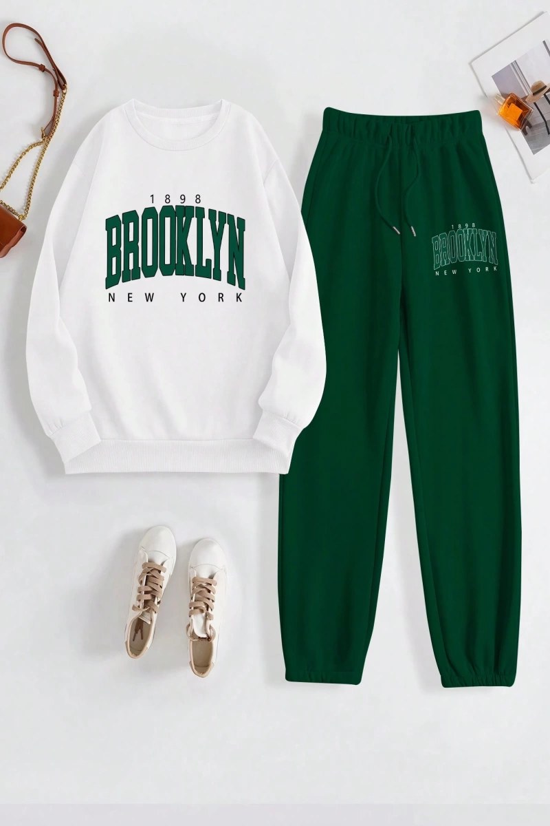 Kadın Mektup Baskılı Yuvarlak Yaka Sweatshirt Ve Eşofman Altı Takımı