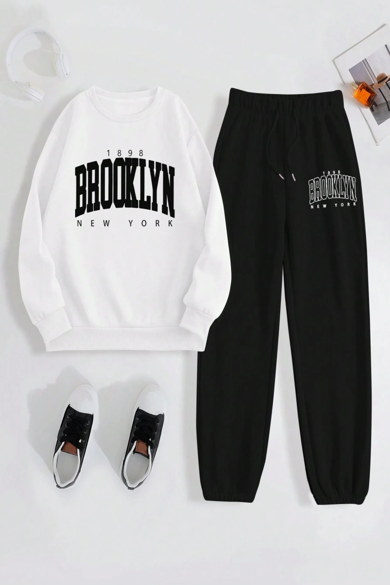 Kadın Mektup Baskılı Yuvarlak Yaka Sweatshirt Ve Eşofman Altı Takımı