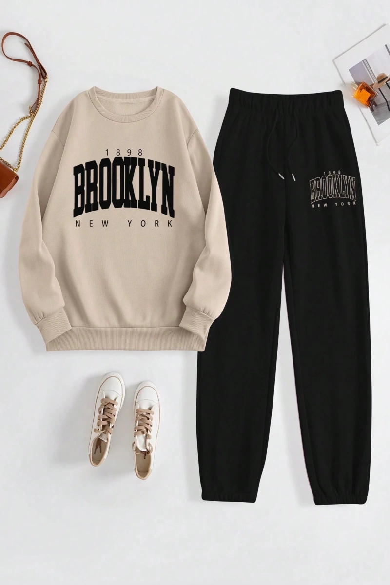 Kadın Mektup Baskılı Yuvarlak Yaka Sweatshirt Ve Eşofman Altı Takımı