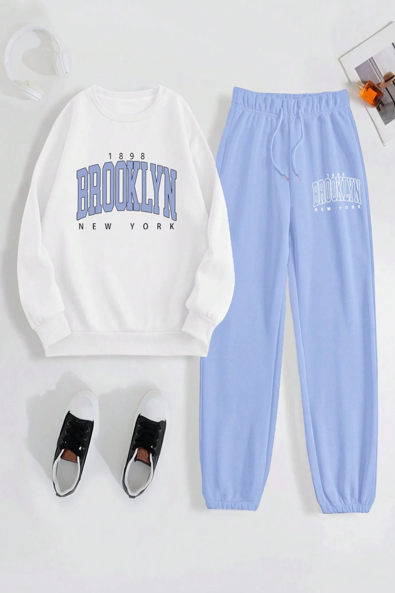 Kadın Mektup Baskılı Yuvarlak Yaka Sweatshirt Ve Eşofman Altı Takımı