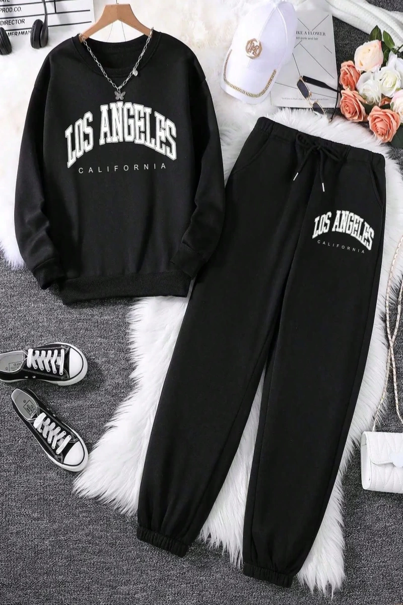 Kadın Mektup Baskılı Yuvarlak Yaka Uzun Kollu Sweatshirt Ve Bağcıklı Bel Paçalı Eşofma