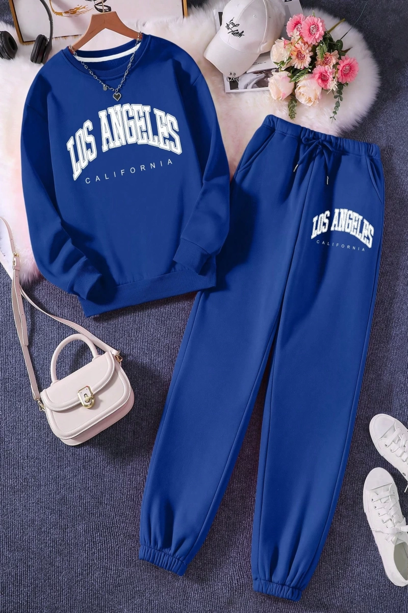 Kadın Mektup Baskılı Yuvarlak Yaka Uzun Kollu Sweatshirt Ve Bağcıklı Bel Paçalı Eşofma