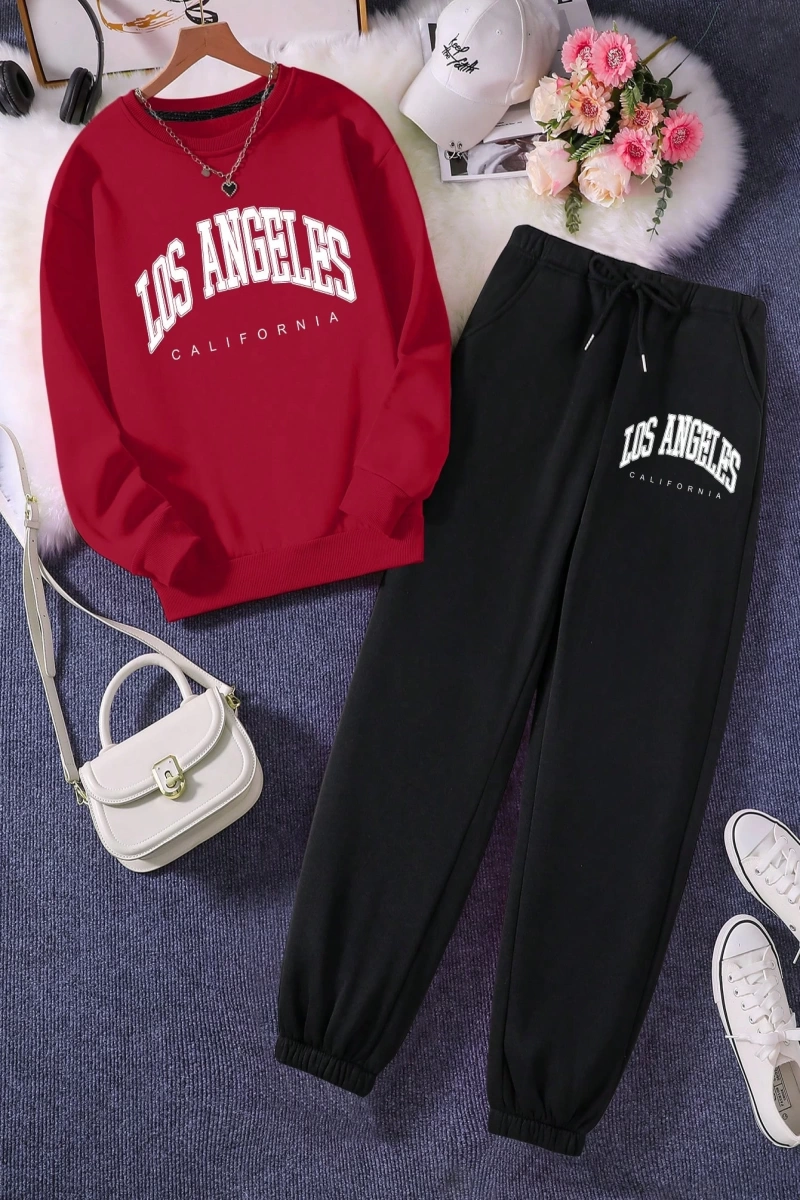 Kadın Mektup Baskılı Yuvarlak Yaka Uzun Kollu Sweatshirt Ve Bağcıklı Bel Paçalı Eşofma
