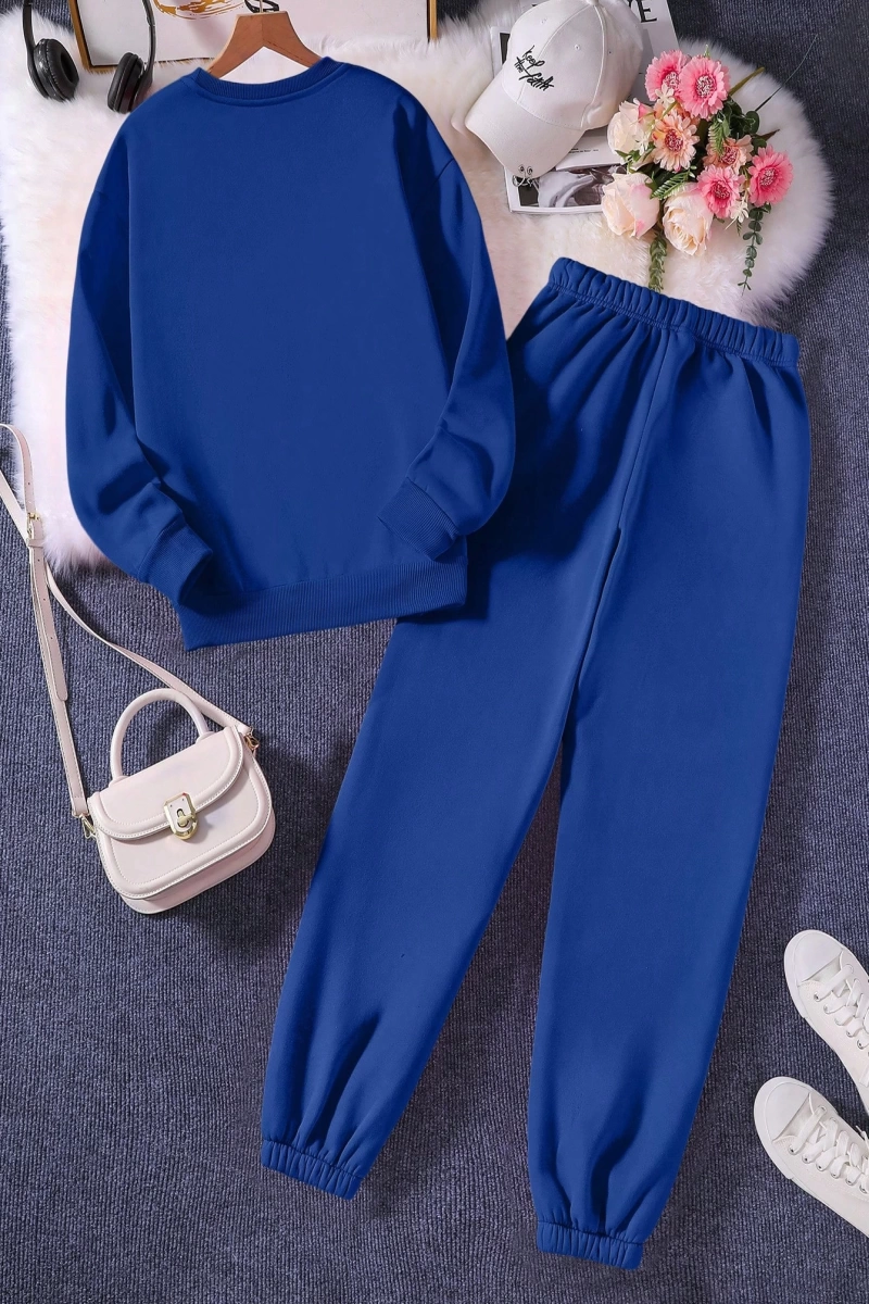 Kadın Mektup Baskılı Yuvarlak Yaka Uzun Kollu Sweatshirt Ve Bağcıklı Bel Paçalı Eşofma