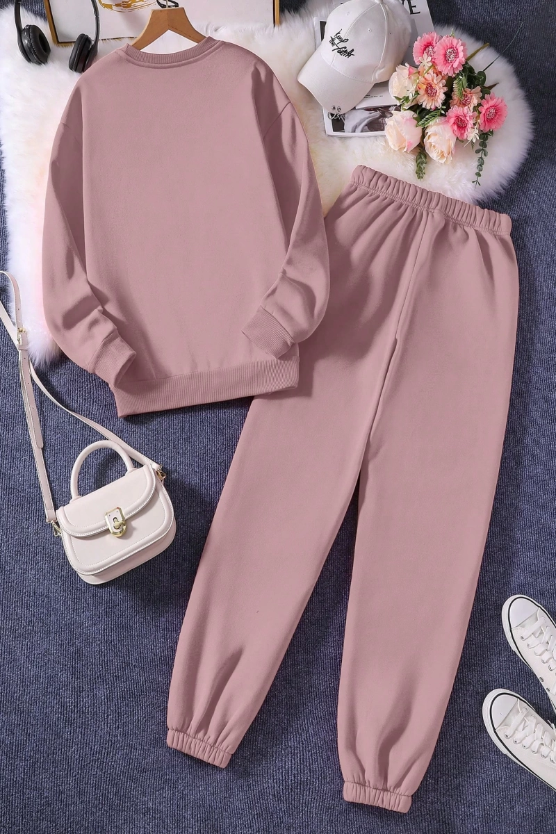 Kadın Mektup Baskılı Yuvarlak Yaka Uzun Kollu Sweatshirt Ve Bağcıklı Bel Paçalı Eşofma