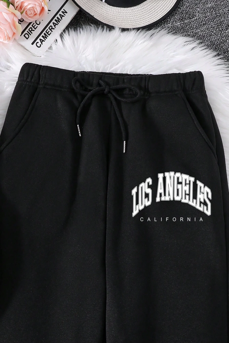 Kadın Mektup Baskılı Yuvarlak Yaka Uzun Kollu Sweatshirt Ve Bağcıklı Bel Paçalı Eşofma