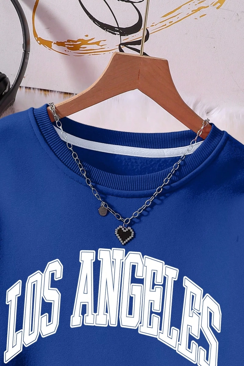 Kadın Mektup Baskılı Yuvarlak Yaka Uzun Kollu Sweatshirt Ve Bağcıklı Bel Paçalı Eşofma