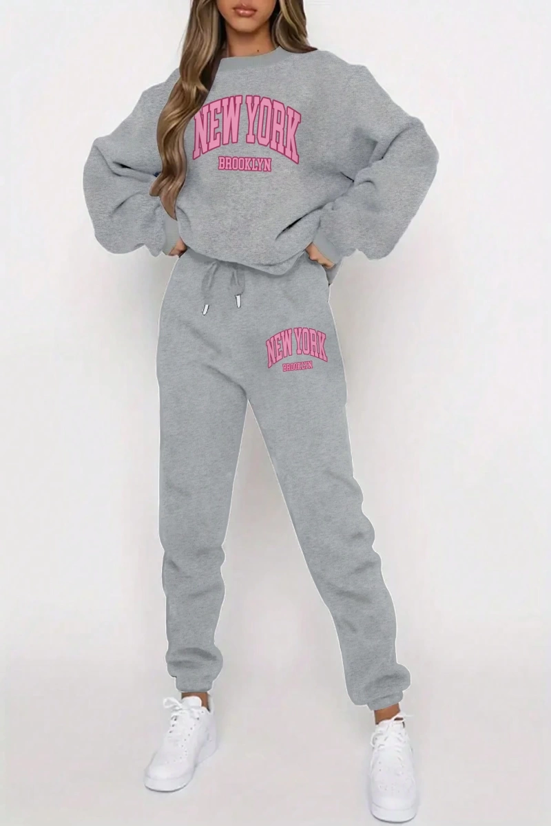 Kadın Mektup Baskılı Yuvarlak Yaka Uzun Kollu Sweatshirt Ve Bağcıklı Jogger Pantolon R