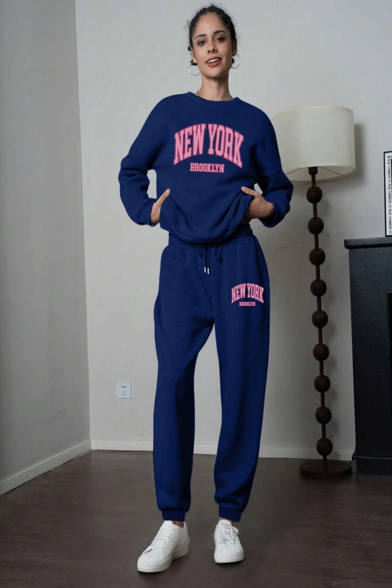 Kadın Mektup Baskılı Yuvarlak Yaka Uzun Kollu Sweatshirt Ve Bağcıklı Jogger Pantolon R