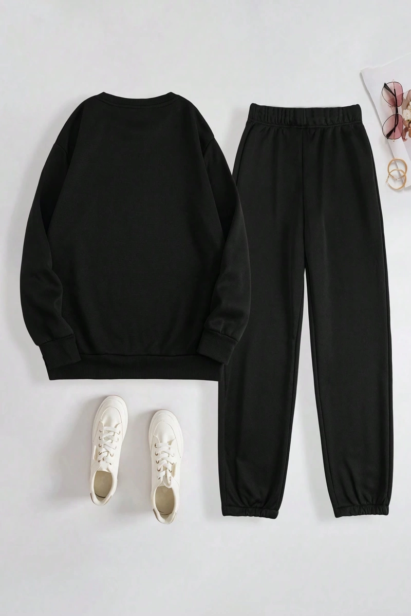 Kadın Mektup Baskılı Yuvarlak Yaka Uzun Kollu Sweatshirt Ve Bağcıklı Jogger Pantolon R