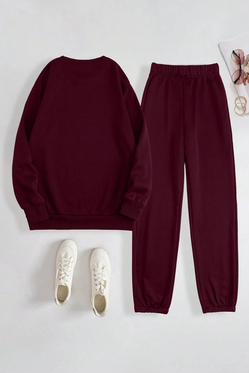 Kadın Mektup Baskılı Yuvarlak Yaka Uzun Kollu Sweatshirt Ve Bağcıklı Jogger Pantolon R