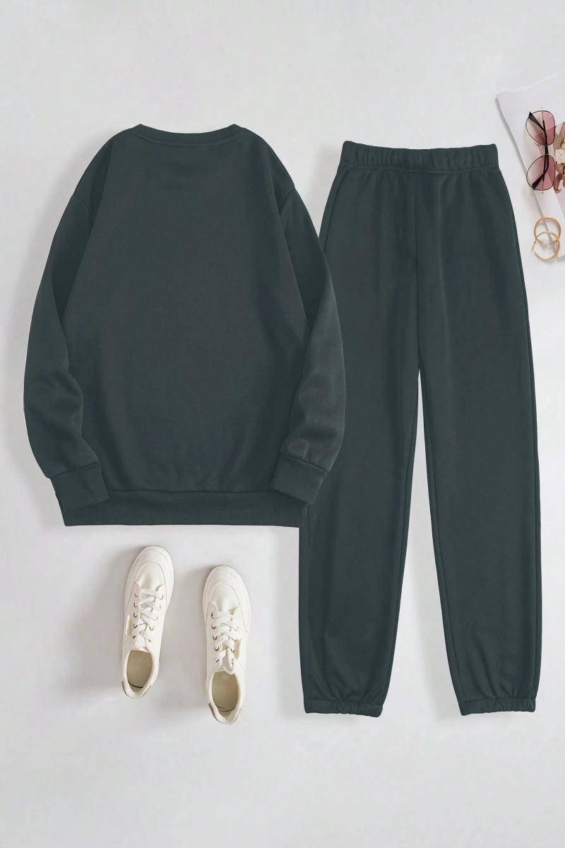 Kadın Mektup Baskılı Yuvarlak Yaka Uzun Kollu Sweatshirt Ve Bağcıklı Jogger Pantolon R
