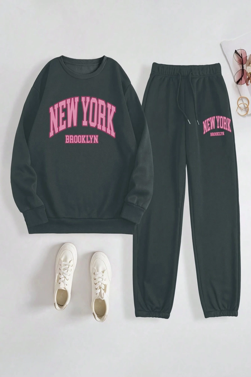 Kadın Mektup Baskılı Yuvarlak Yaka Uzun Kollu Sweatshirt Ve Bağcıklı Jogger Pantolon R
